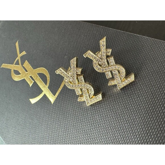 Yves Saint Laurent YSL Signature Crystal Letter Stud Earrings - Picture 14 of 15